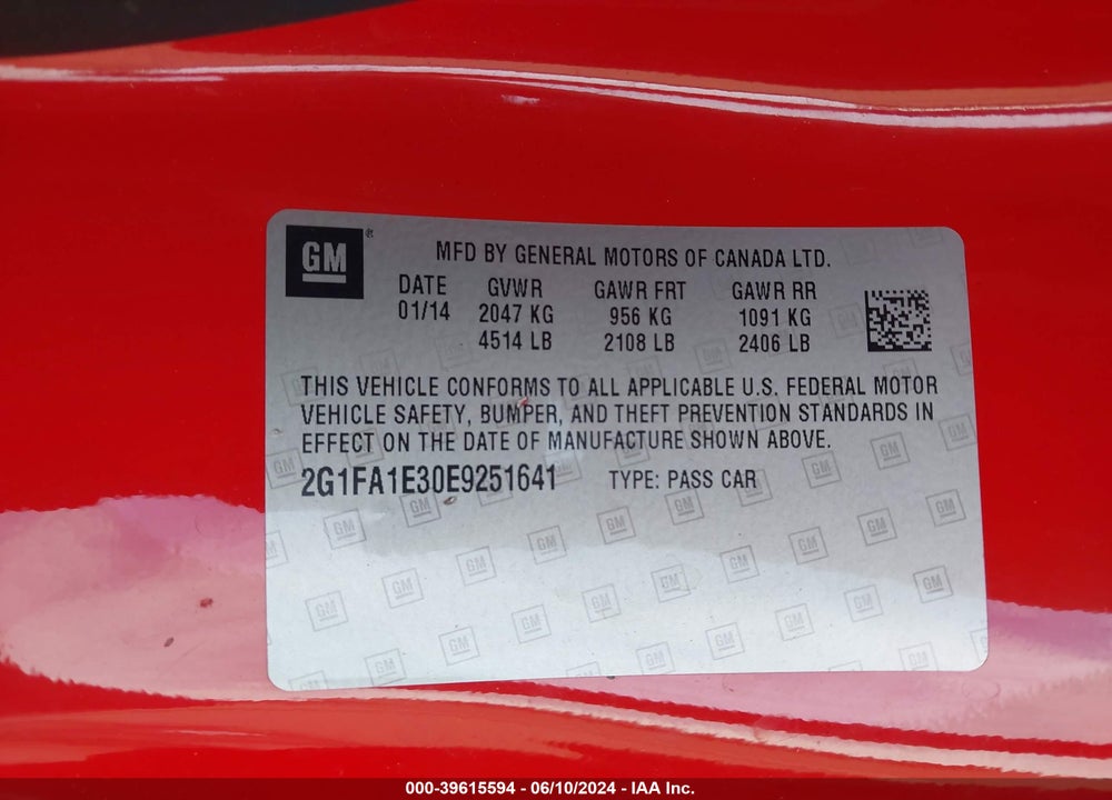 2014 CHEVROLET CAMARO 2LS VIN: 2G1FA1E30E9251641