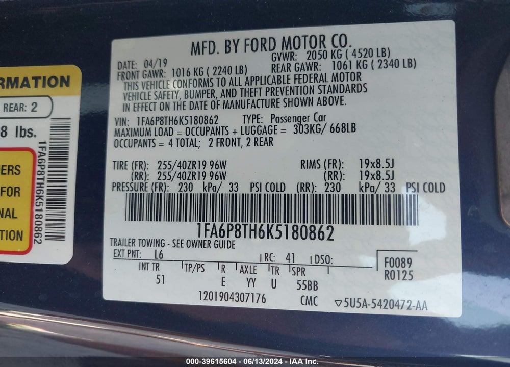2019 FORD MUSTANG ECOBOOST PREMIUM VIN: 1FA6P8TH6K5180862