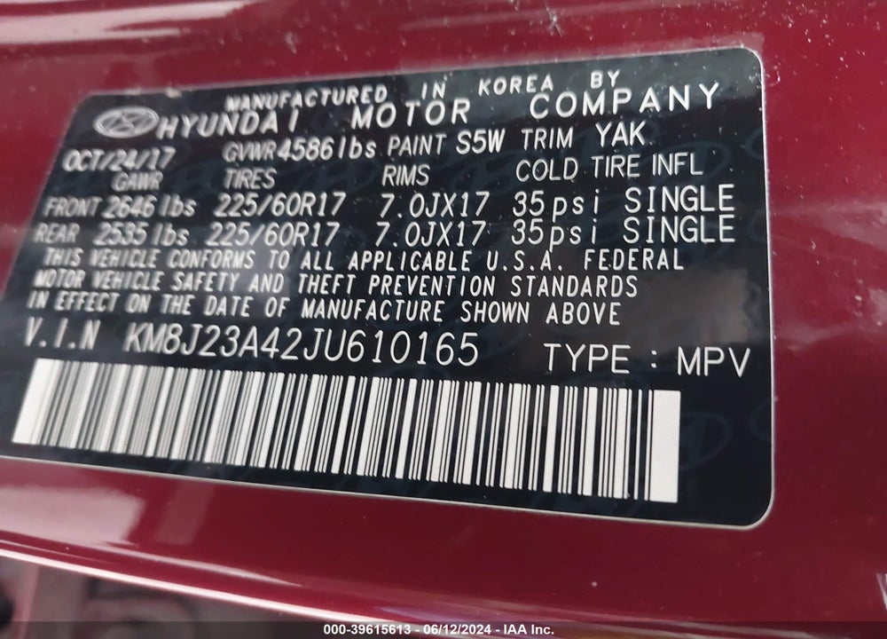 2018 HYUNDAI TUCSON SE VIN: KM8J23A42JU610165