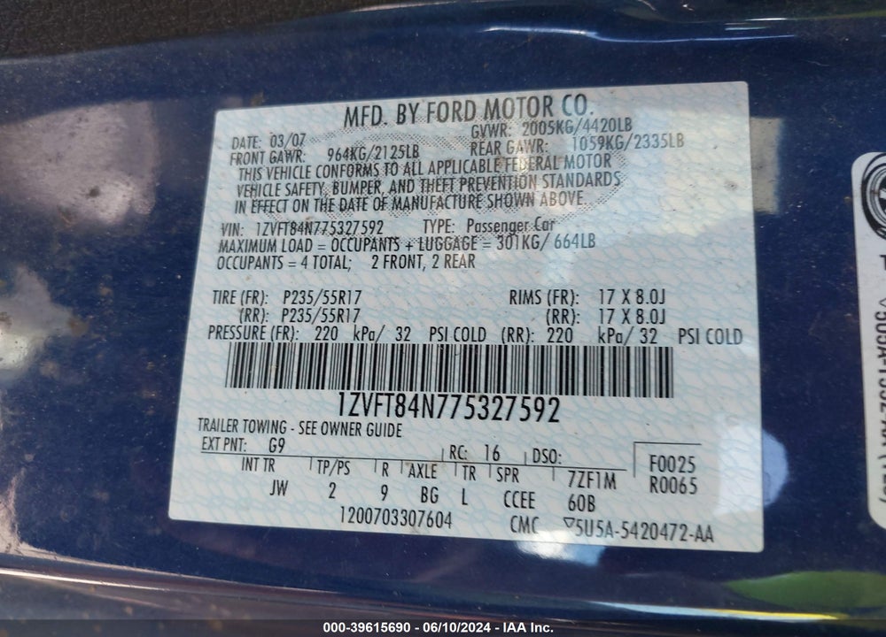2007 FORD MUSTANG V6 DELUXE/V6 PREMIUM VIN: 1ZVFT84N775327592