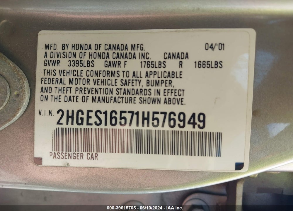 2001 HONDA CIVIC LX VIN: 2HGES16571H576949