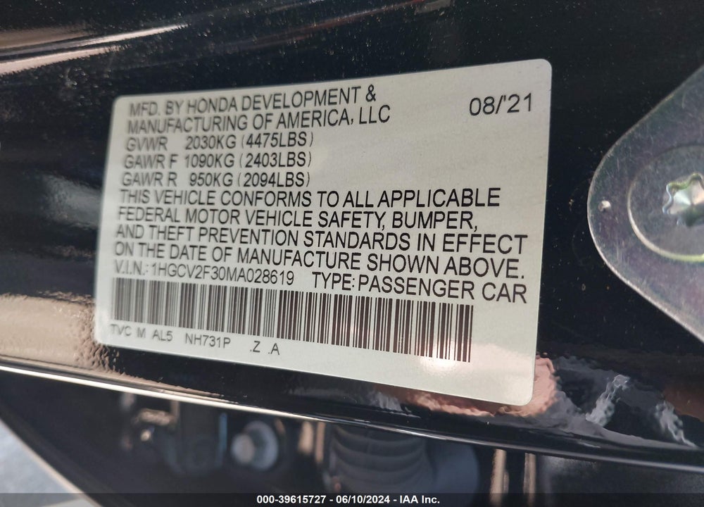 2021 HONDA ACCORD SPORT 2.0T VIN: 1HGCV2F30MA028619