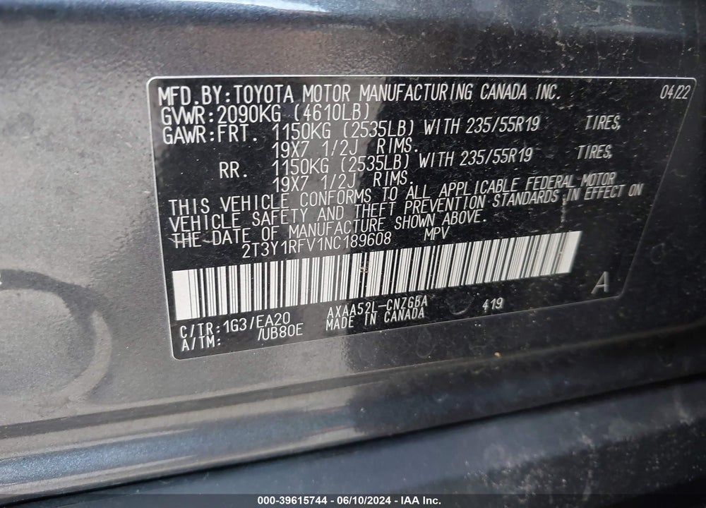 2022 TOYOTA RAV4 LIMITED VIN: 2T3Y1RFV1NC189608