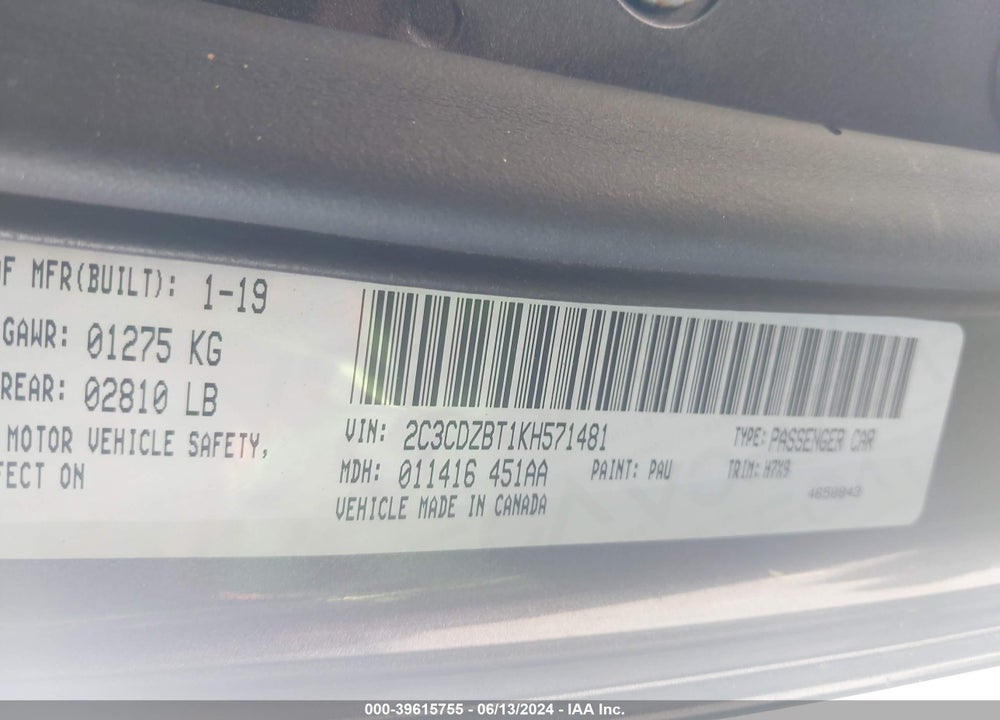 2019 DODGE CHALLENGER VIN: 2C3CDZBT1KH571481