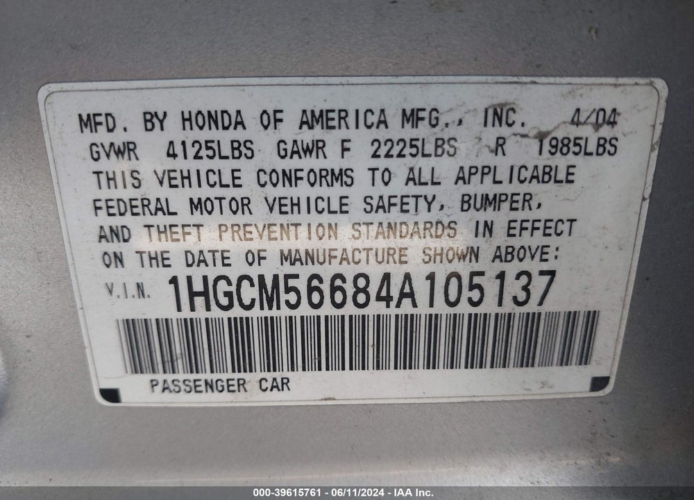 2004 HONDA ACCORD 2.4 EX VIN: 1HGCM56684A105137