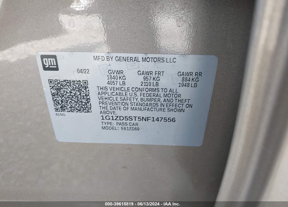 2022 CHEVROLET MALIBU FWD LT VIN: 1G1ZD5ST5NF147556