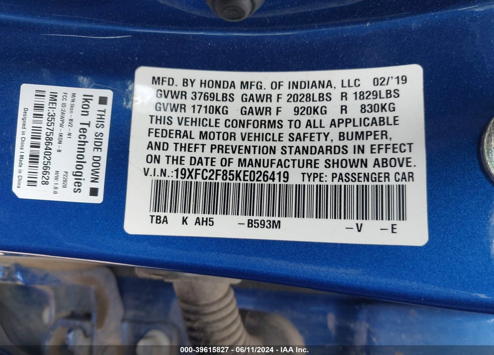 2019 HONDA CIVIC SPORT VIN: 19XFC2F85KE026419