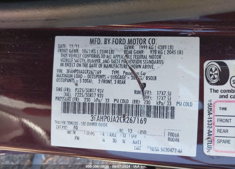 2012 FORD FUSION SEL VIN: 3FAHP0JA2CR267169