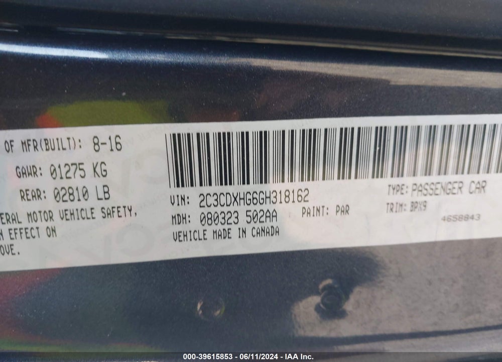2016 DODGE CHARGER SXT VIN: 2C3CDXHG6GH318162