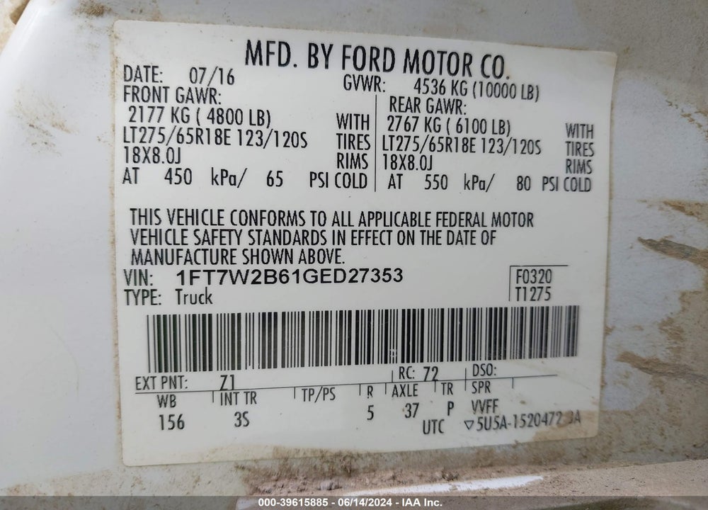 2016 FORD F-250 XLT VIN: 1FT7W2B61GED27353
