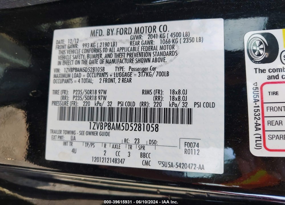 2013 FORD MUSTANG VIN: 1ZVBP8AM5D5281058