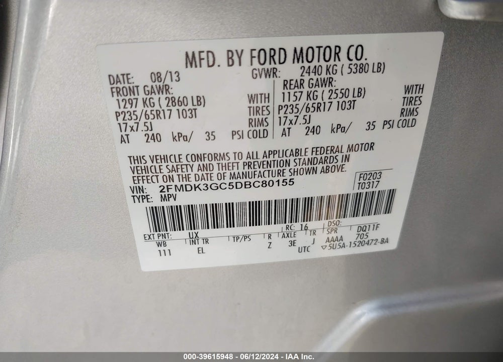 2013 FORD EDGE SE VIN: 2FMDK3GC5DBC80155