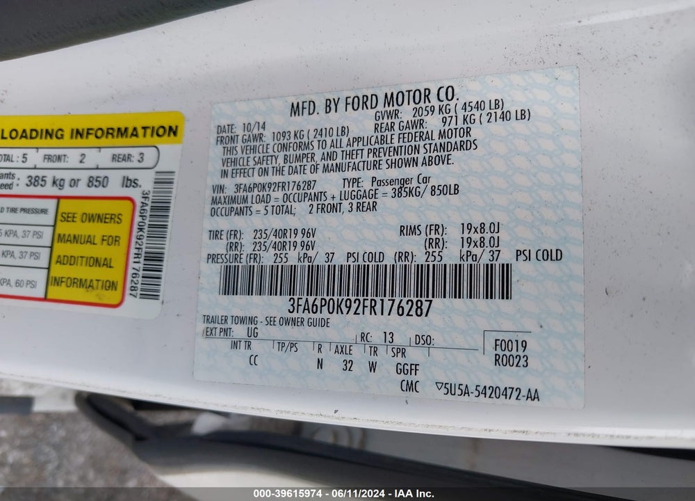 2015 FORD FUSION TITANIUM VIN: 3FA6P0K92FR176287