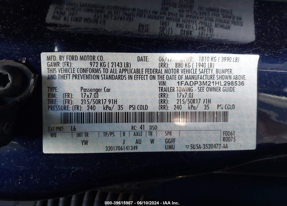 2017 FORD FOCUS SEL VIN: 1FADP3M21HL298536