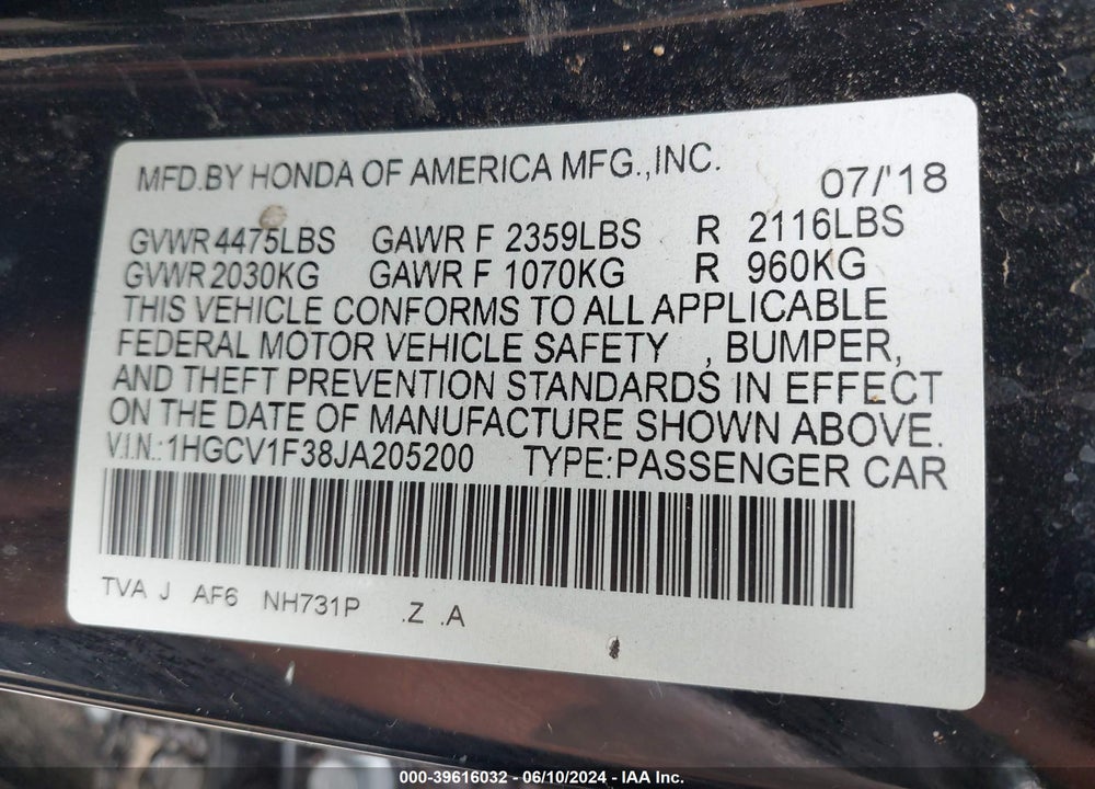 2018 HONDA ACCORD SPORT VIN: 1HGCV1F38JA205200