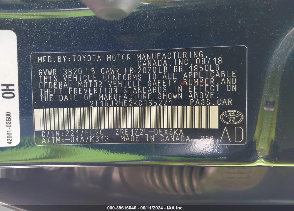 2019 TOYOTA COROLLA SE VIN: 2T1BURHE2KC165221