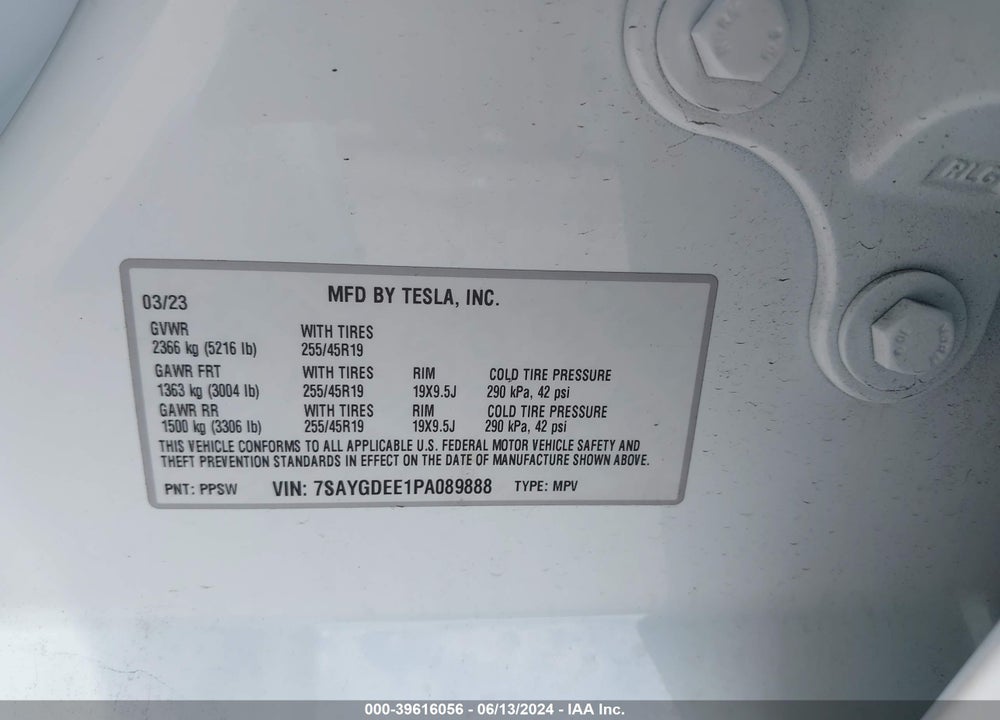 2023 TESLA MODEL Y VIN: 7SAYGDEE1PA089888