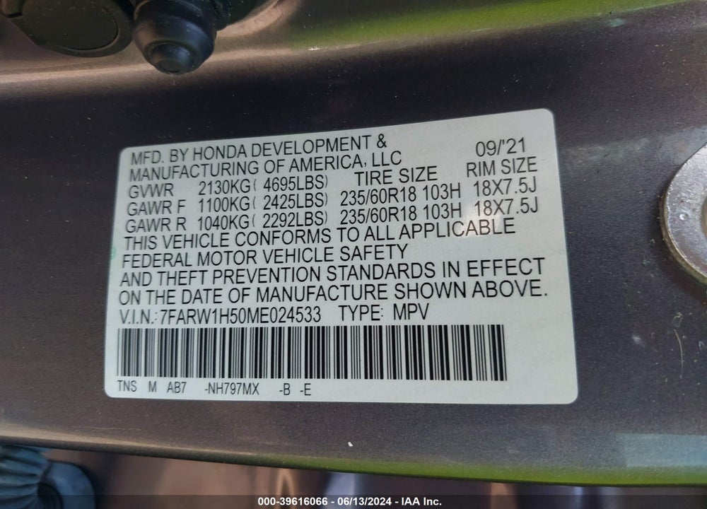 2021 HONDA CR-V 2WD EX VIN: 7FARW1H50ME024533