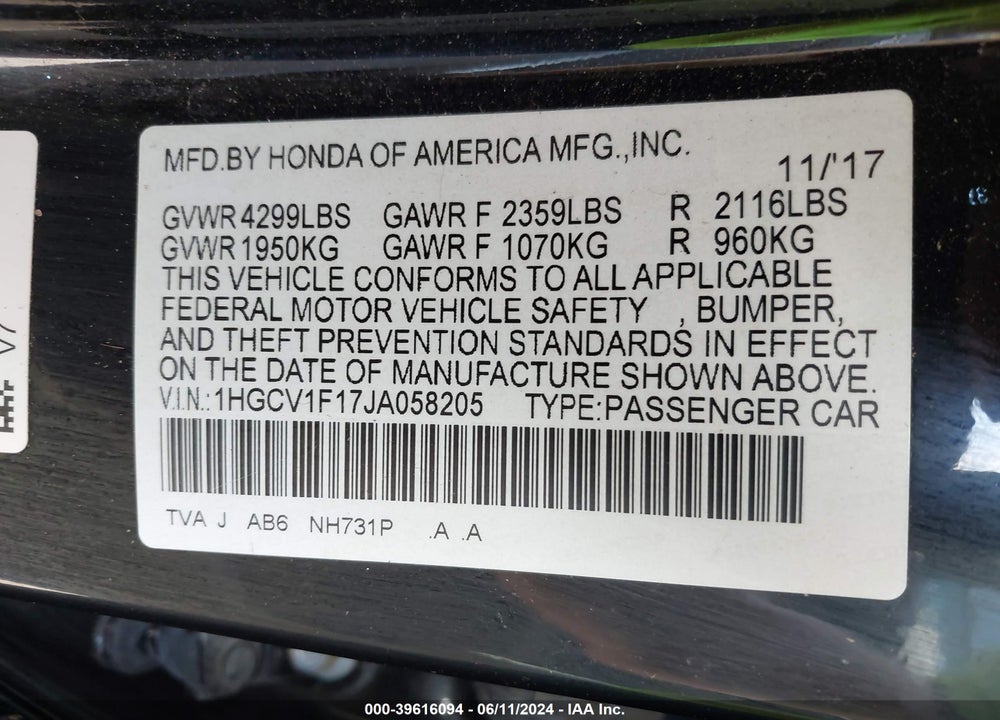 2018 HONDA ACCORD LX VIN: 1HGCV1F17JA058205