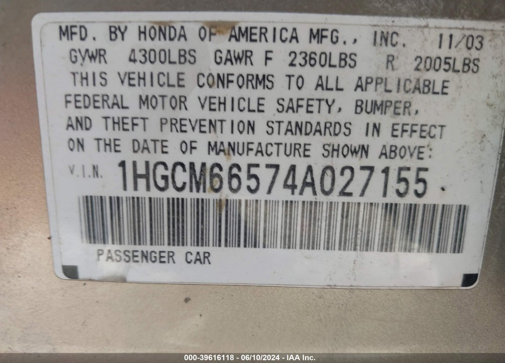 2004 HONDA ACCORD 3.0 EX VIN: 1HGCM66574A027155