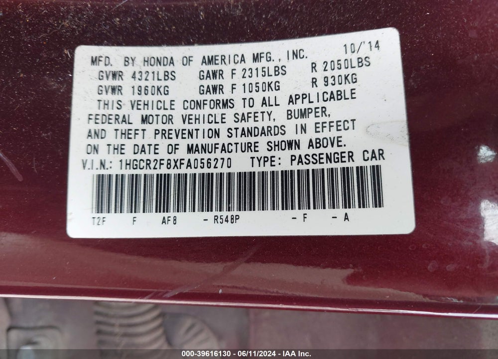 2015 HONDA ACCORD EX-L VIN: 1HGCR2F8XFA056270