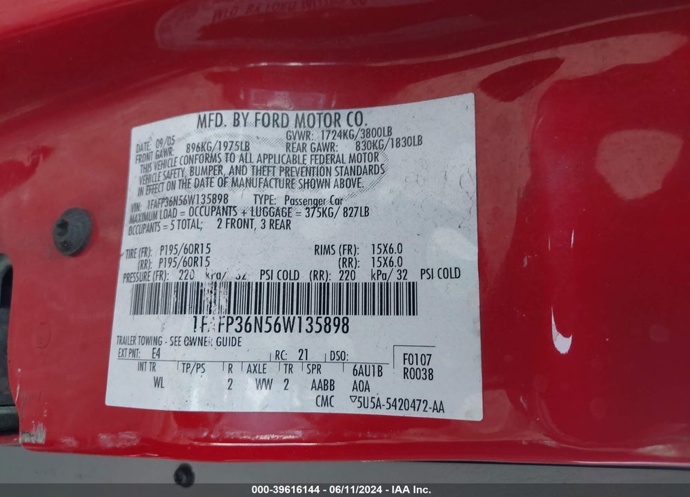 2006 FORD FOCUS ZXW VIN: 1FAFP36N56W135898