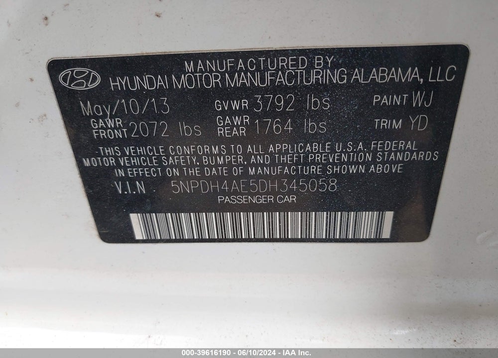 2013 HYUNDAI ELANTRA GLS VIN: 5NPDH4AE5DH345058