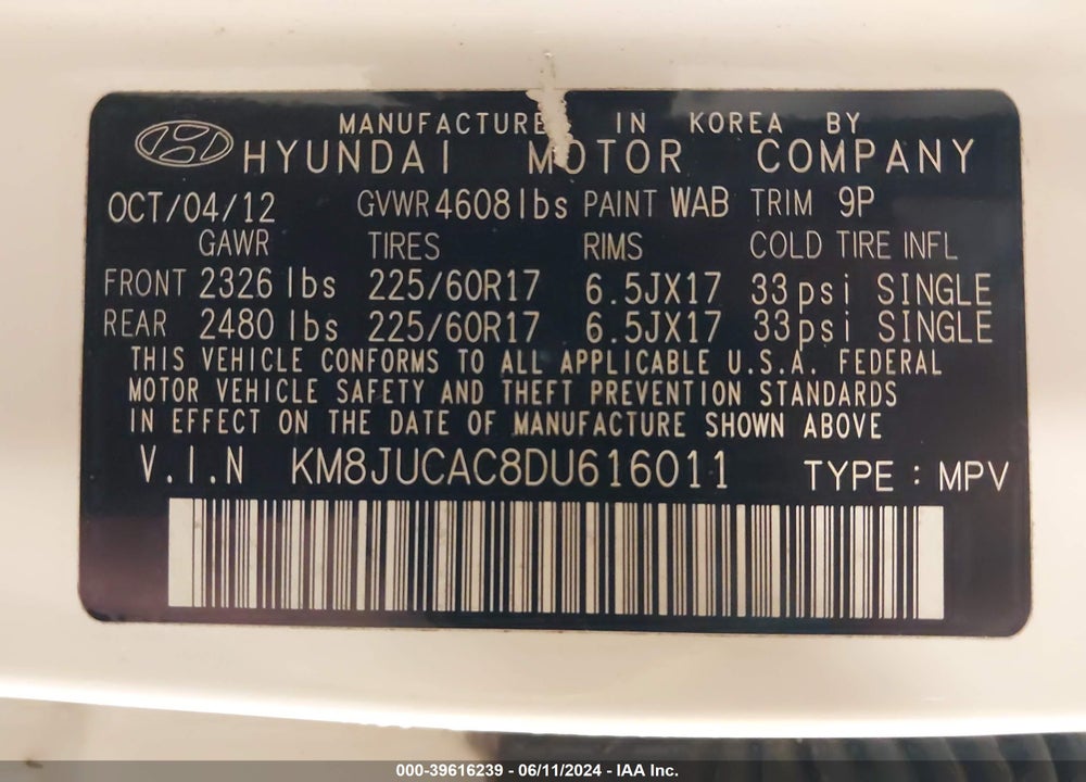 2013 HYUNDAI TUCSON GLS VIN: KM8JUCAC8DU616011