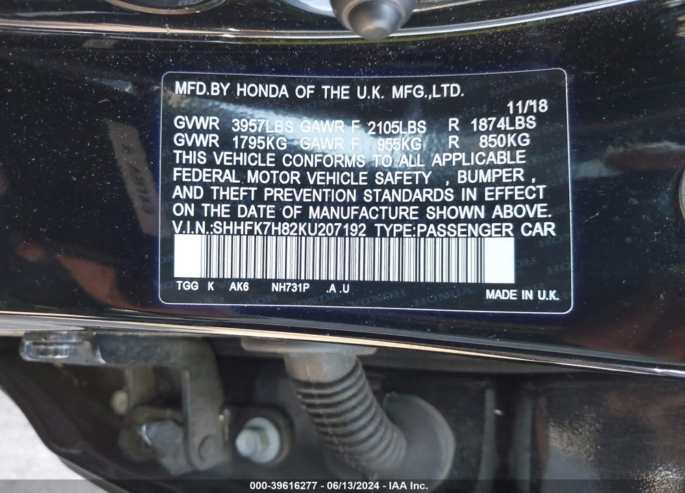 2019 HONDA CIVIC EX-L VIN: SHHFK7H82KU207192