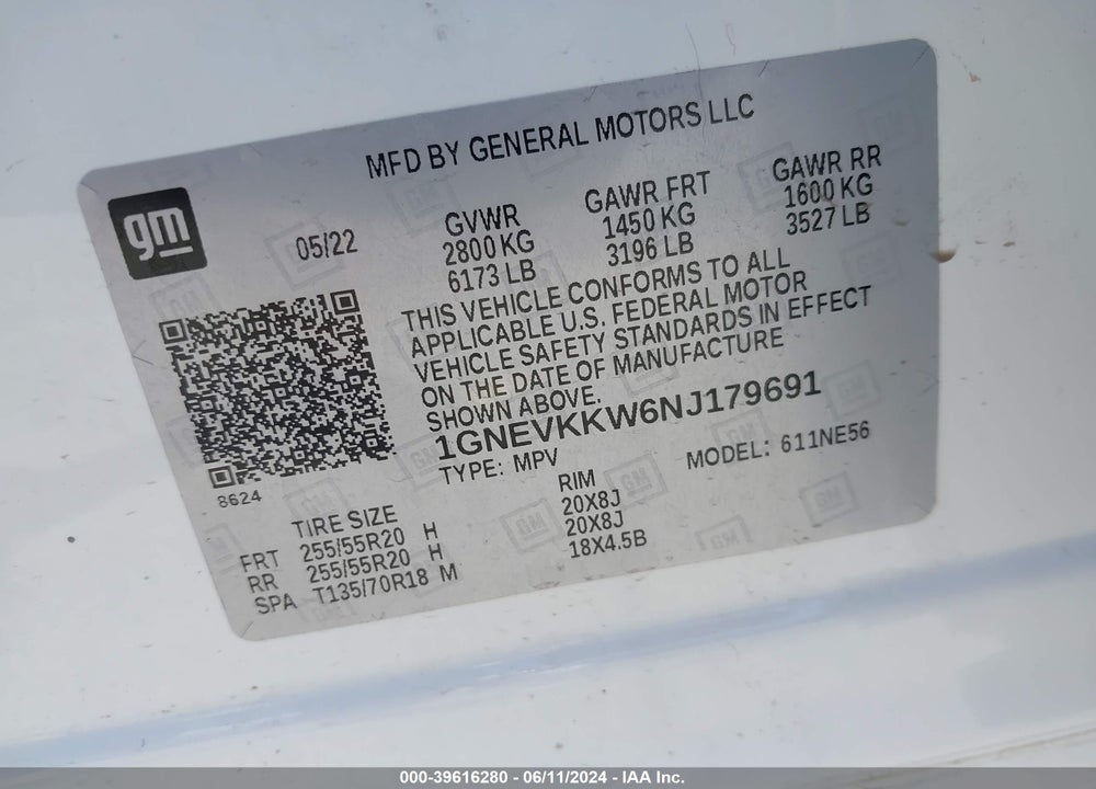 2022 CHEVROLET TRAVERSE VIN: 1GNEVKKW6NJ179691