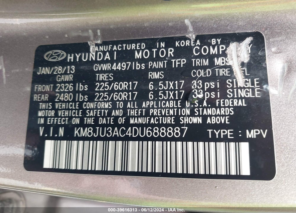2013 HYUNDAI TUCSON GLS VIN: KM8JU3AC4DU688887