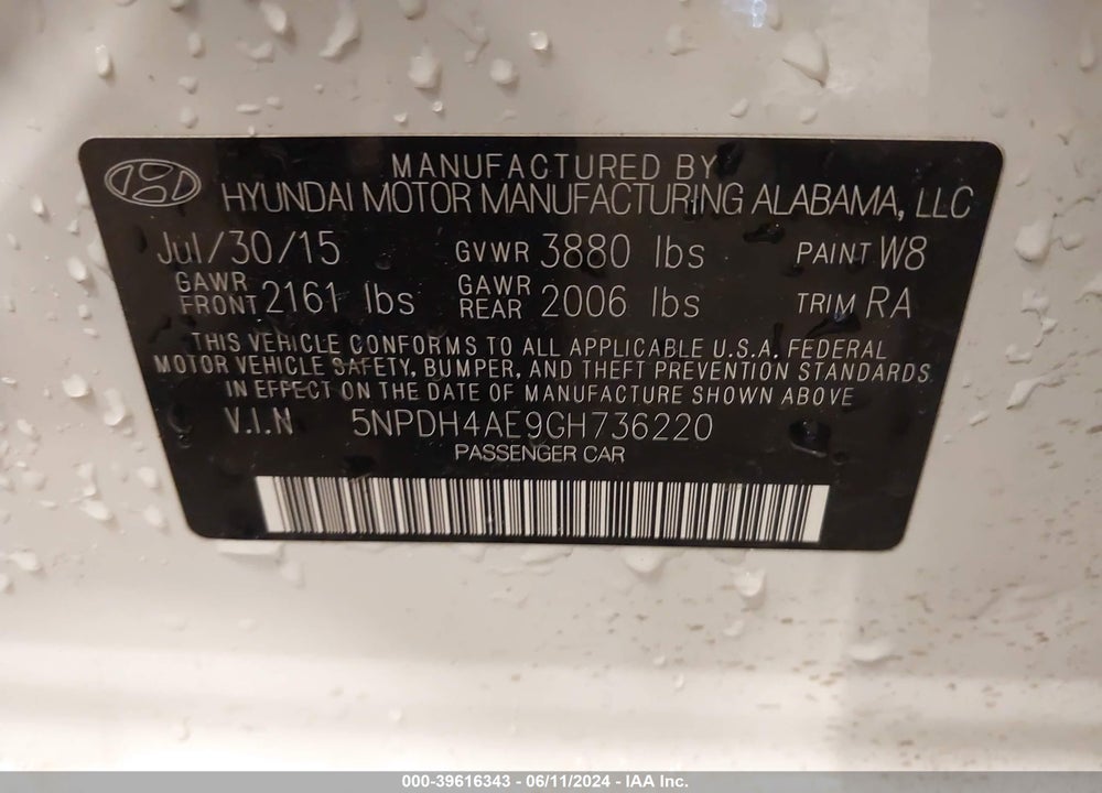 2016 HYUNDAI ELANTRA SE VIN: 5NPDH4AE9GH736220