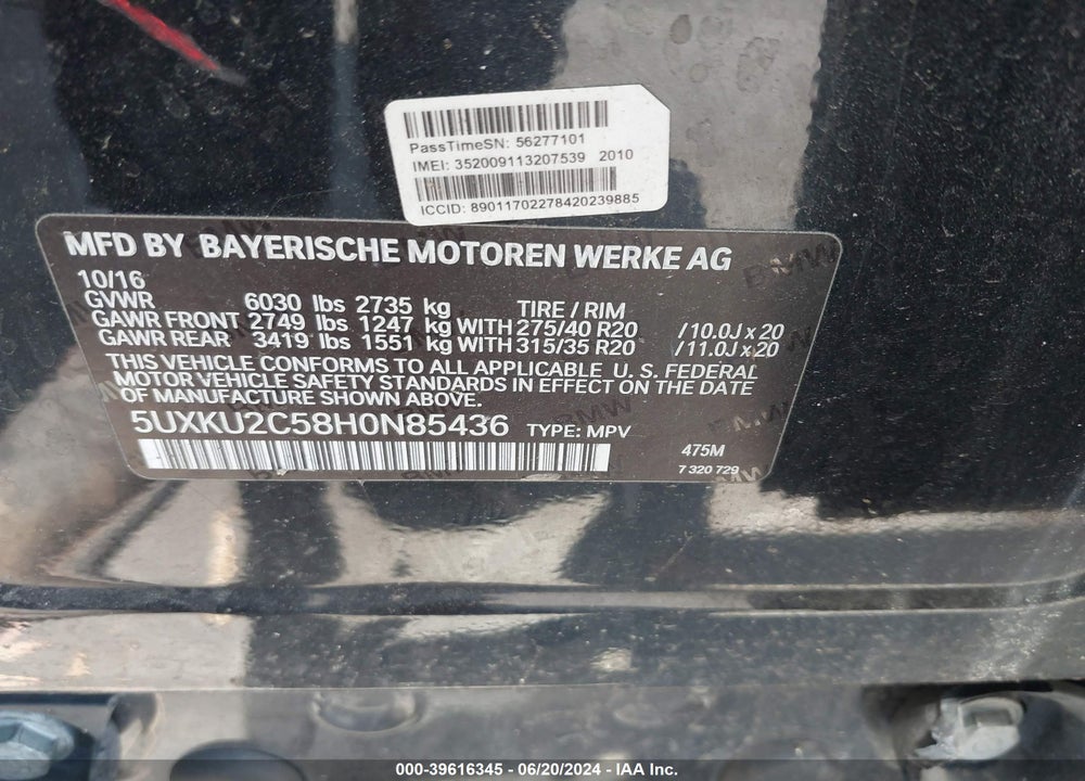 2017 BMW X6 VIN: 5UXKU2C58H0N85436