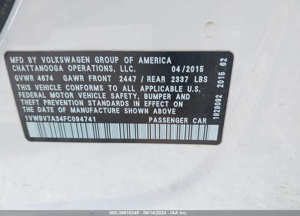 2015 VOLKSWAGEN PASSAT 2.0L TDI SE VIN: 1VWBV7A34FC094741