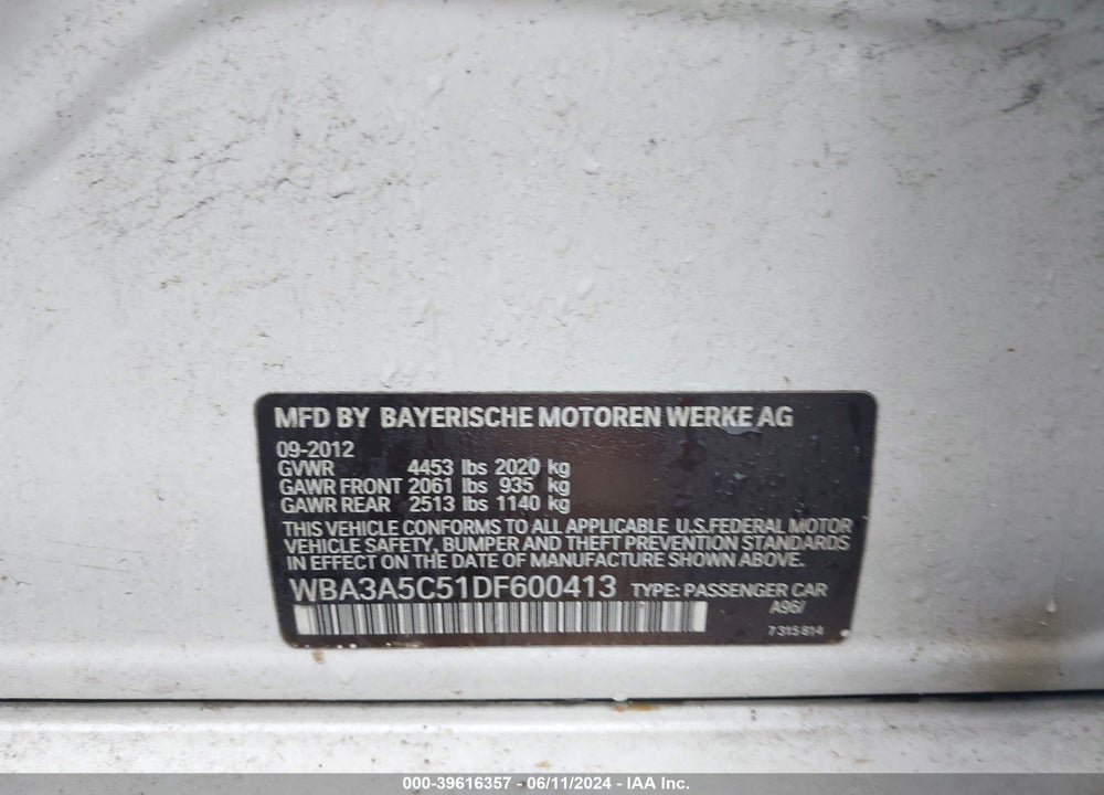 2013 BMW 328I VIN: WBA3A5C51DF600413