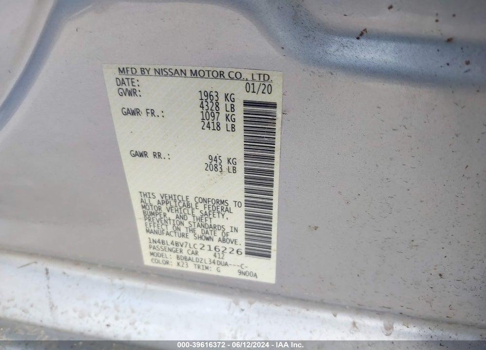 2020 NISSAN ALTIMA S FWD VIN: 1N4BL4BV7LC216226