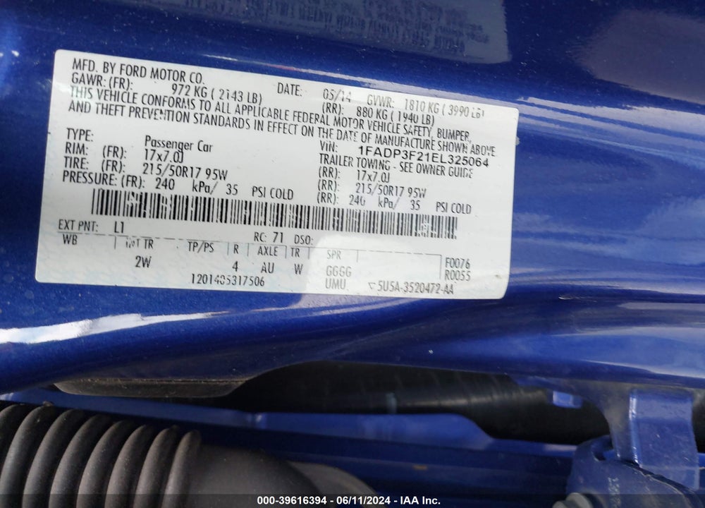 2014 FORD FOCUS VIN: 1FADP3F21EL325064