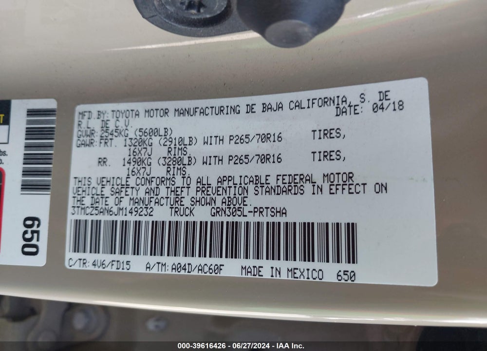 2018 TOYOTA TACOMA TRD OFF ROAD VIN: 3TMCZ5AN6JM149232