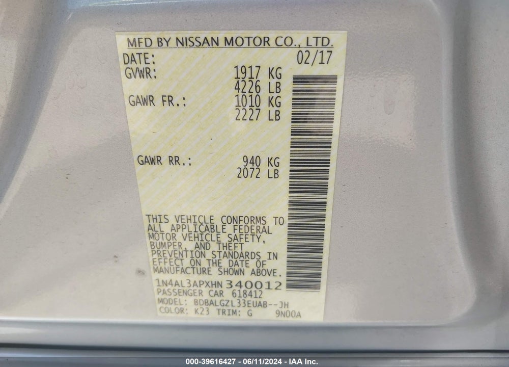 2017 NISSAN ALTIMA 2.5 S VIN: 1N4AL3APXHN340012