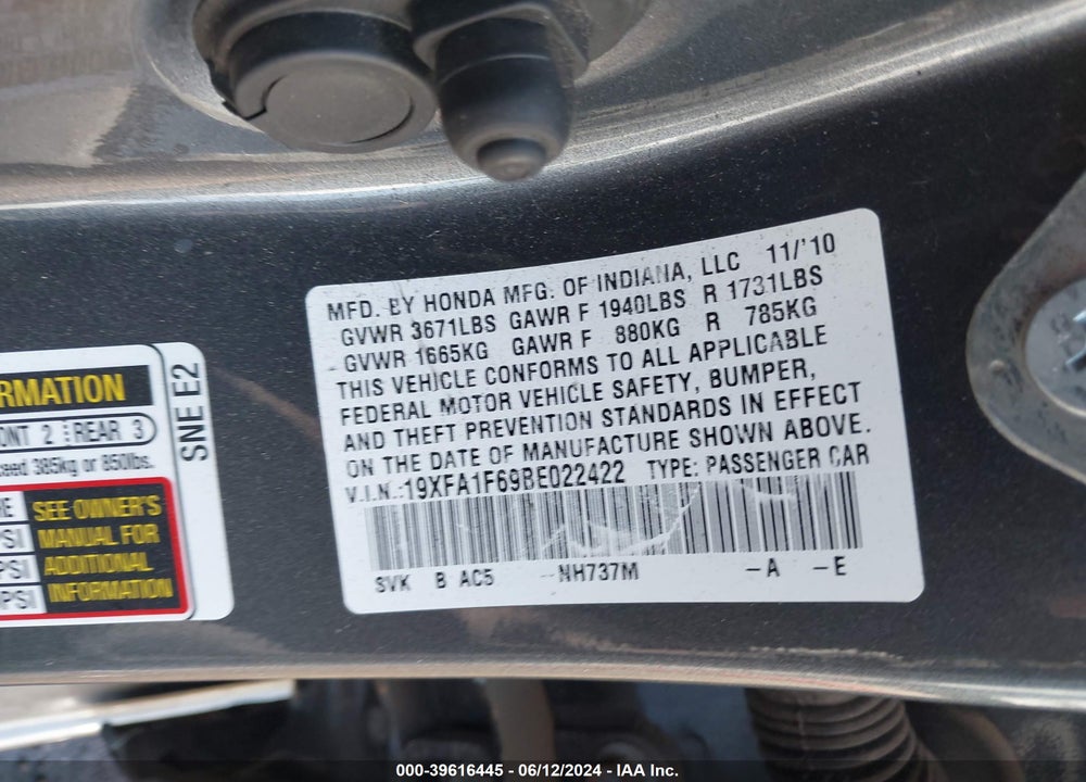 2011 HONDA CIVIC LX-S VIN: 19XFA1F69BE022422
