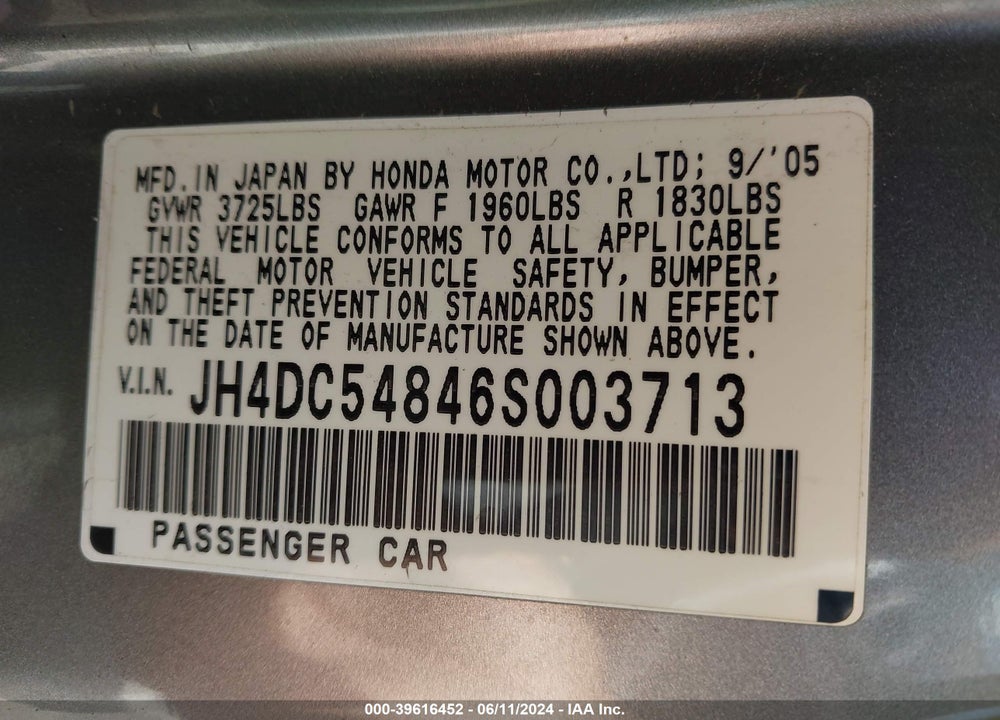 2006 ACURA RSX VIN: JH4DC54846S003713