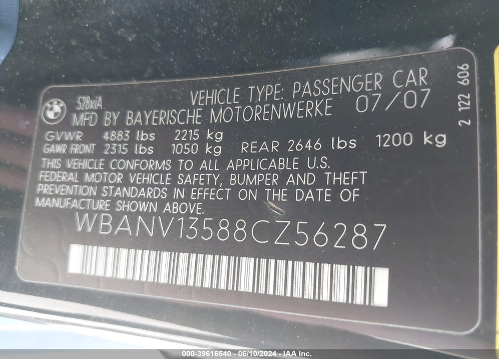 2008 BMW 528XI VIN: WBANV13588CZ56287