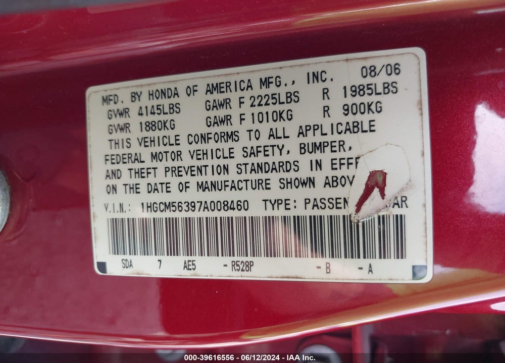 2007 HONDA ACCORD 2.4 SE VIN: 1HGCM56397A008460