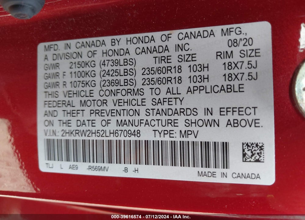 2020 HONDA CR-V AWD EX VIN: 2HKRW2H52LH670948