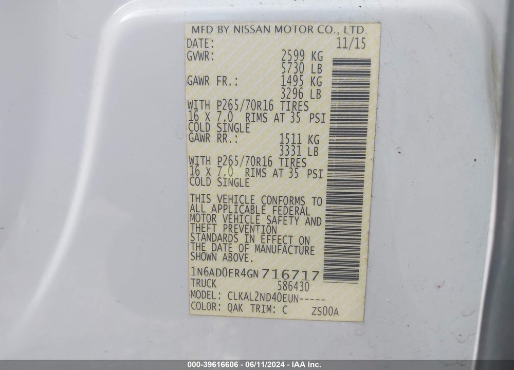 2016 NISSAN FRONTIER VIN: 1N6AD0ER4GN716717