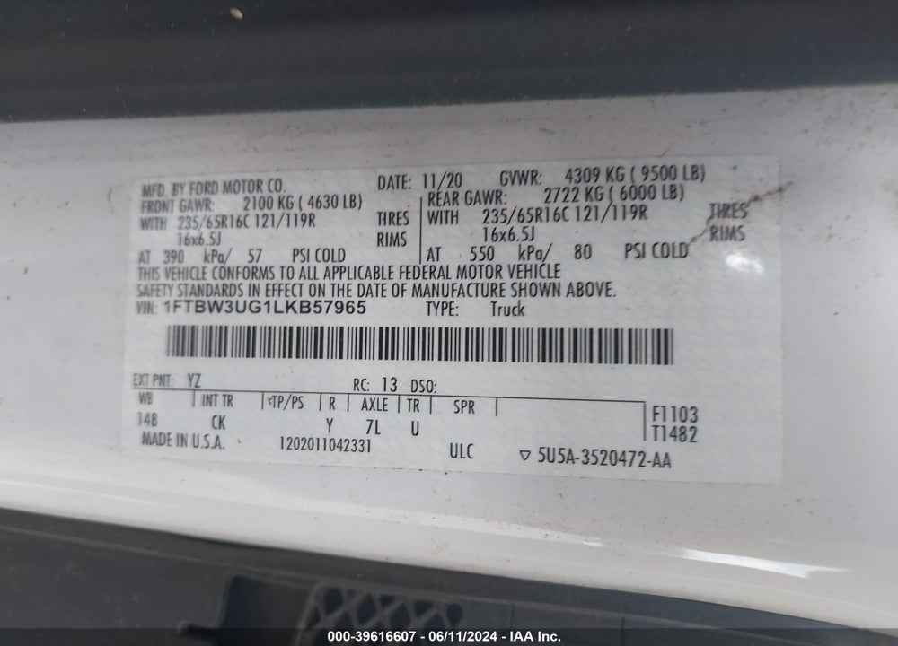 2020 FORD TRANSIT-350 CARGO VAN VIN: 1FTBW3UG1LKB57965