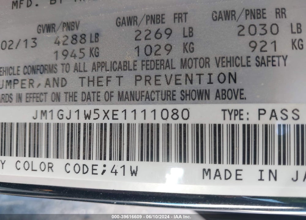 2014 MAZDA 6 I GRAND TOURING VIN: JM1GJ1W5XE1111080