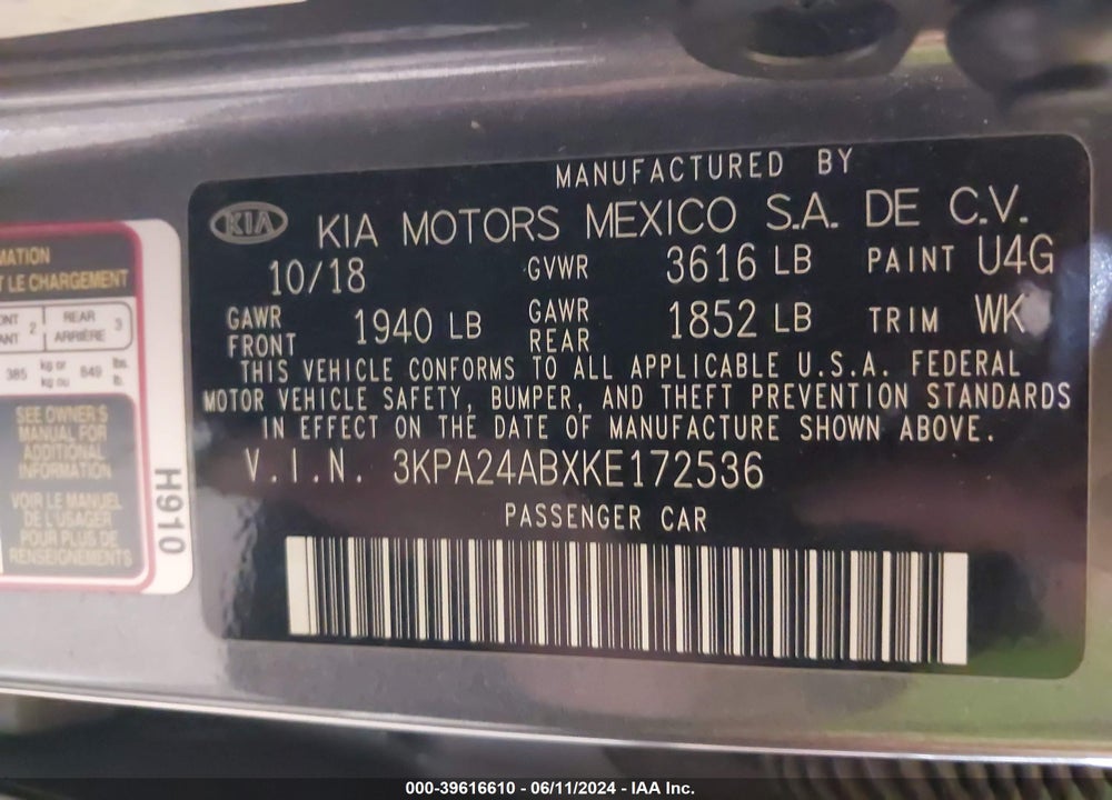 2019 KIA RIO S VIN: 3KPA24ABXKE172536