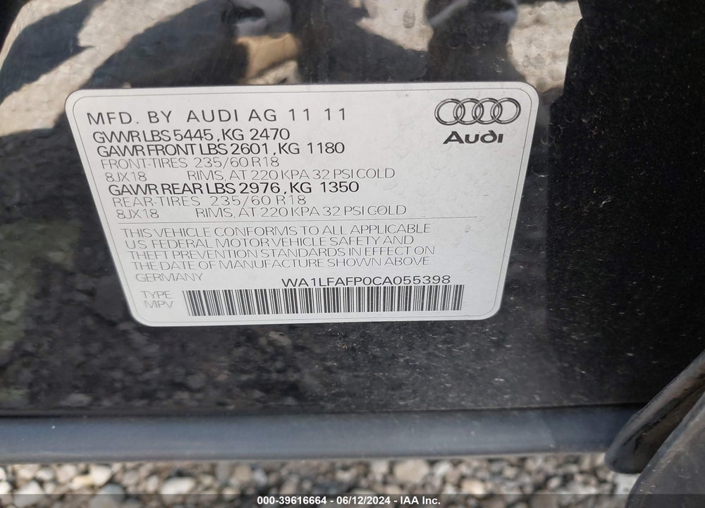 2012 AUDI Q5 2.0T PREMIUM VIN: WA1LFAFP0CA055398