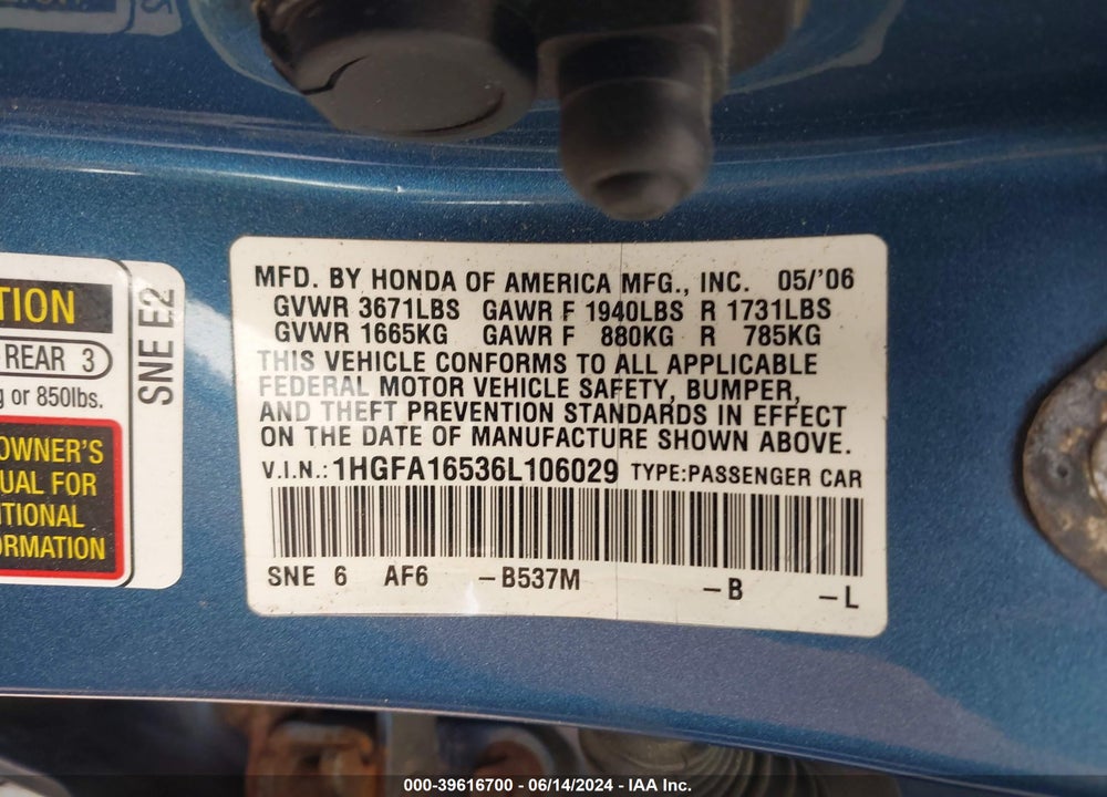 2006 HONDA CIVIC LX VIN: 1HGFA16536L106029